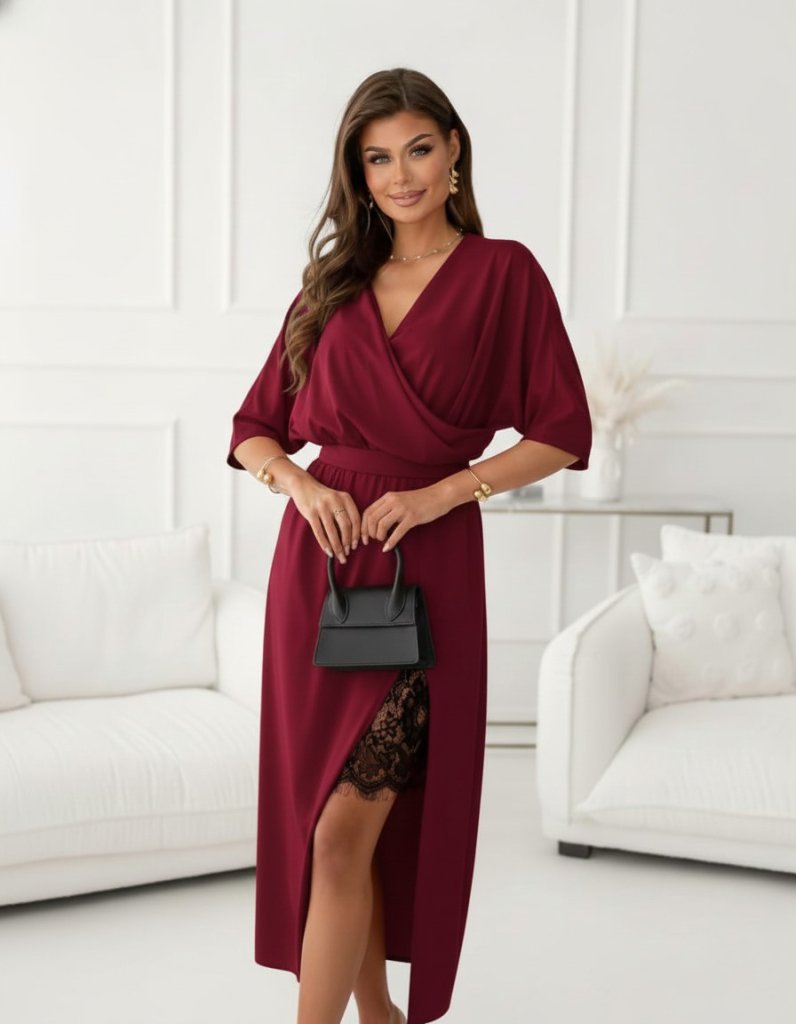 Mamo Bordo Midi Kruvaze Dantel Detaylı Elbise - Mamo kadın butik elbise
