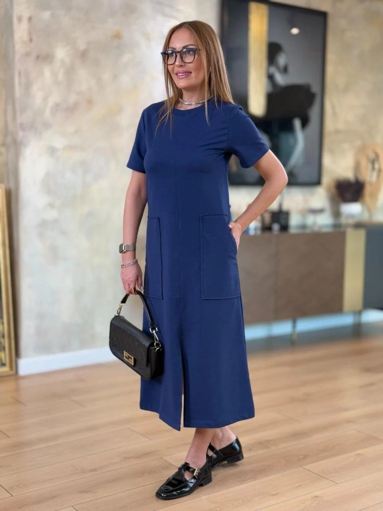 Mamo Lacivert Midi Yırtmaç Detaylı Cepli Elbise - Mamo kadın butik elbise
