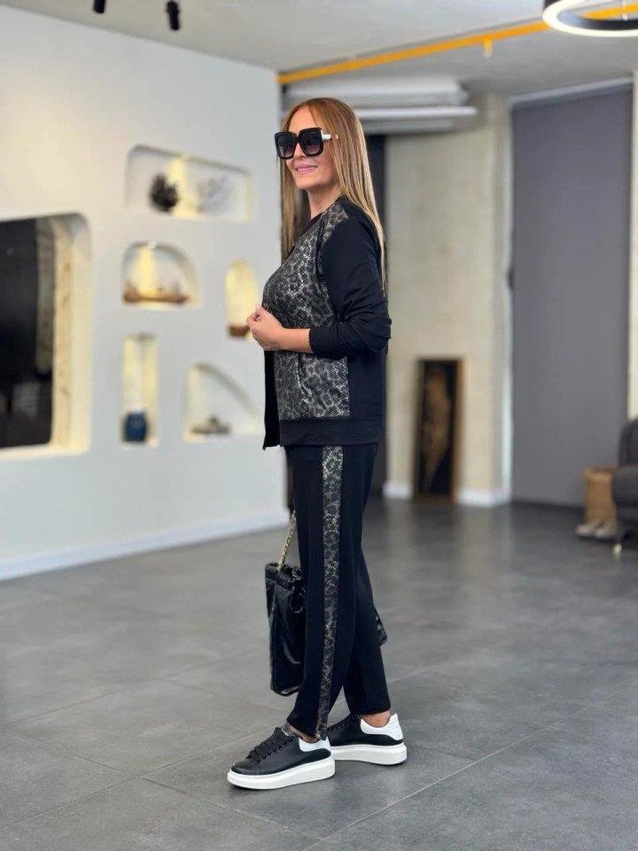 Mamo Siyah Leopar Desenli Viskon Takım - Mamo kadın butik takım