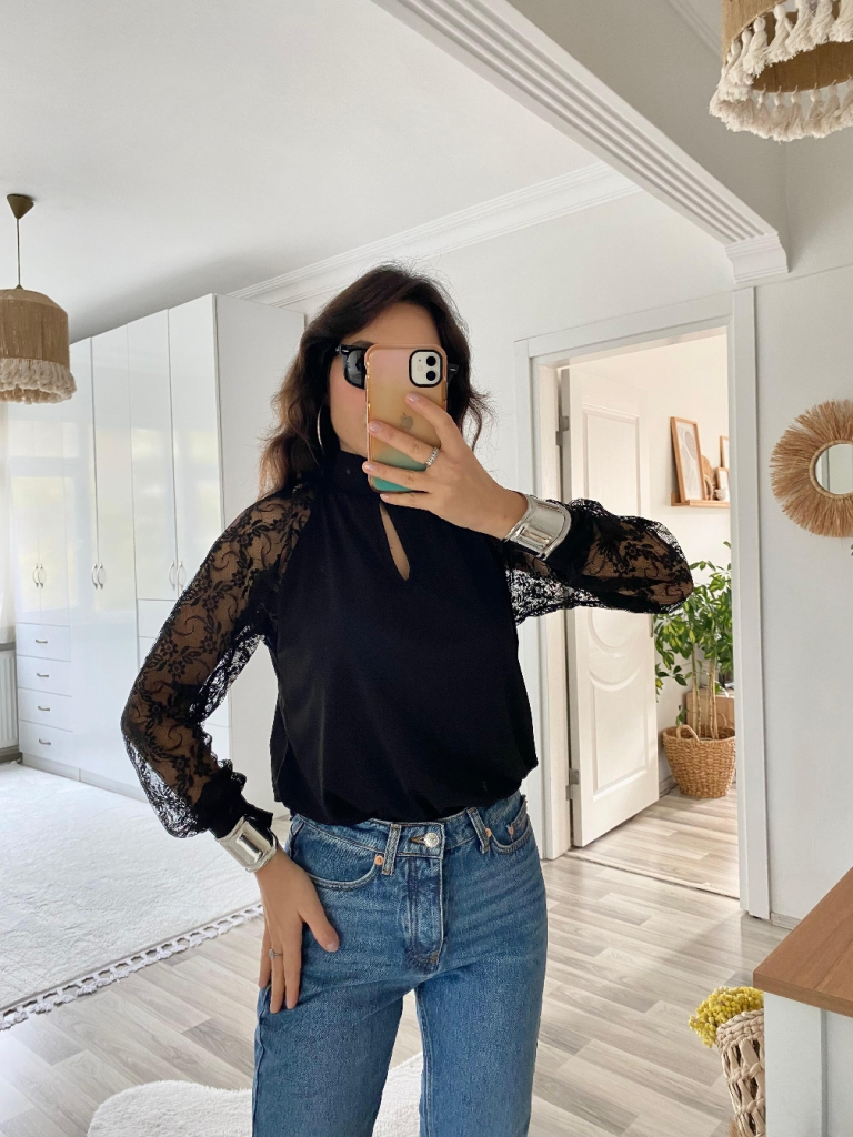 Mamo Siyah Tül Detaylı Bluz - Mamo kadın butik bluz