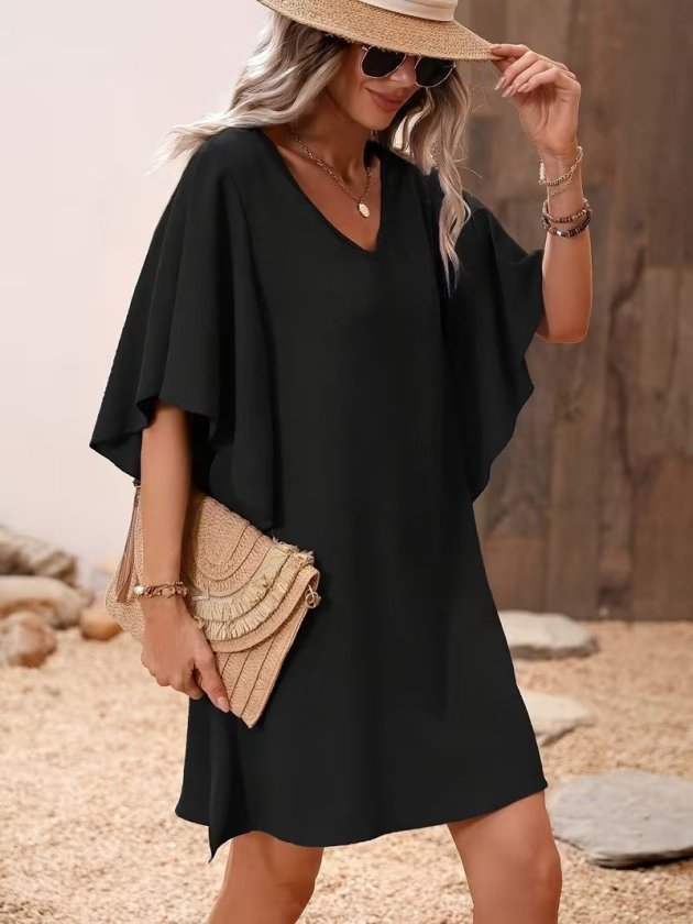 Mamo Siyah Mini V Yaka Krep Elbise - Mamo kadın butik elbise