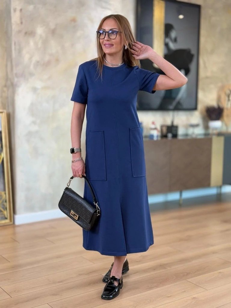 Mamo Lacivert Midi Yırtmaç Detaylı Cepli Elbise - Mamo kadın butik elbise