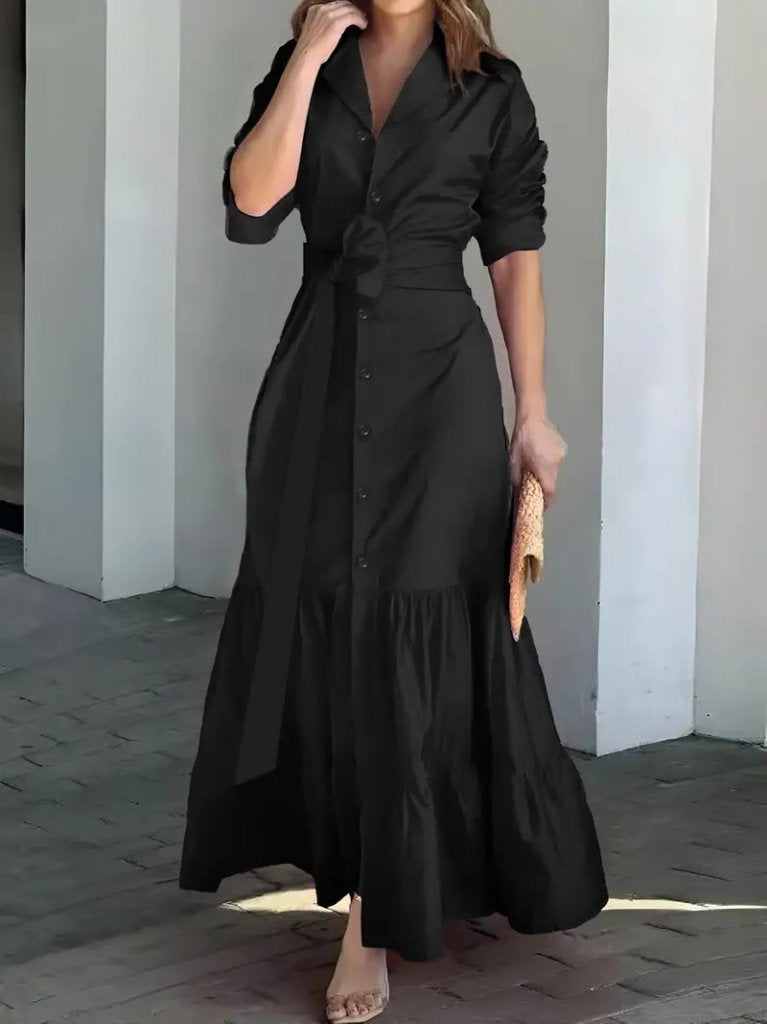 Mamo Siyah Uzun Fırfır Detaylı Kuşaklı Elbise - Mamo kadın butik elbise