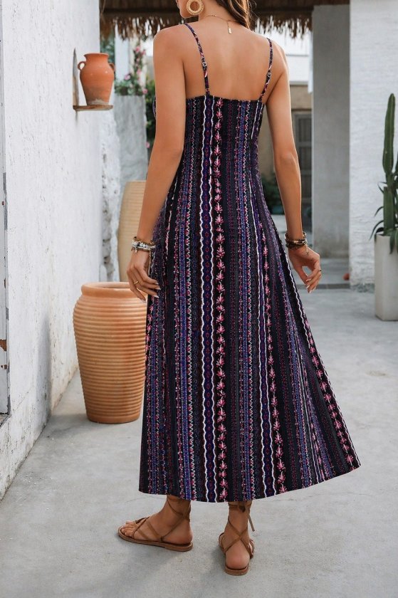 Mamo Mor Midi Askılı Yırtmaç Detaylı Elbise - Mamo kadın butik elbise
