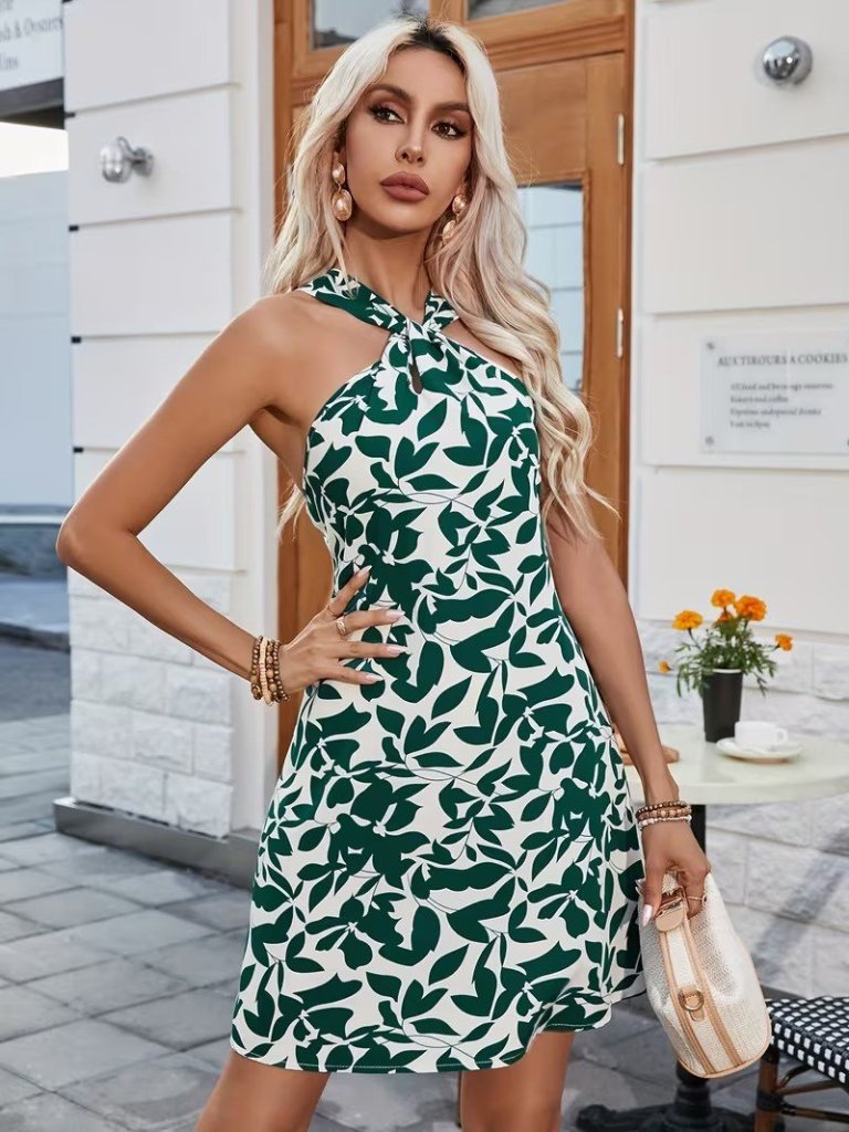 Mamo Yeşil Mini Desenli Elbise - Mamo kadın butik elbise