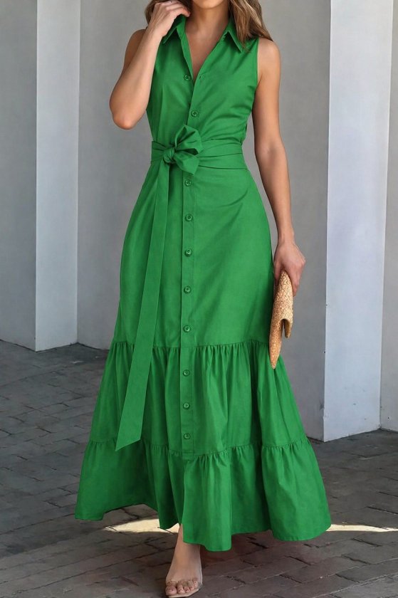 Mamo Yeşil Uzun Kuşaklı Triko Elbise - Mamo kadın butik elbise