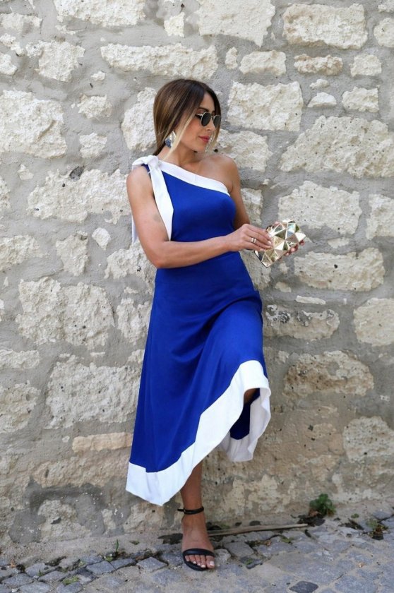 Mamo Saks Mavi Krep Elbise - Mamo kadın butik elbise