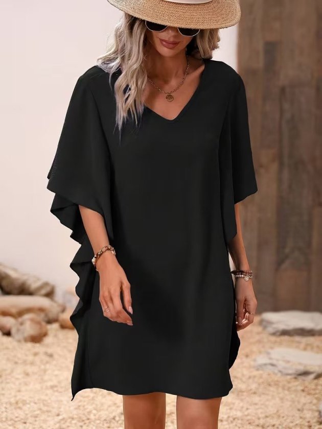 Mamo Siyah Mini V Yaka Krep Elbise - Mamo kadın butik elbise