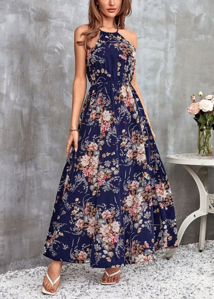 Mamo Lacivert Halter Yaka Yırtmaç Detaylı Desenli Elbise - Mamo kadın butik elbise