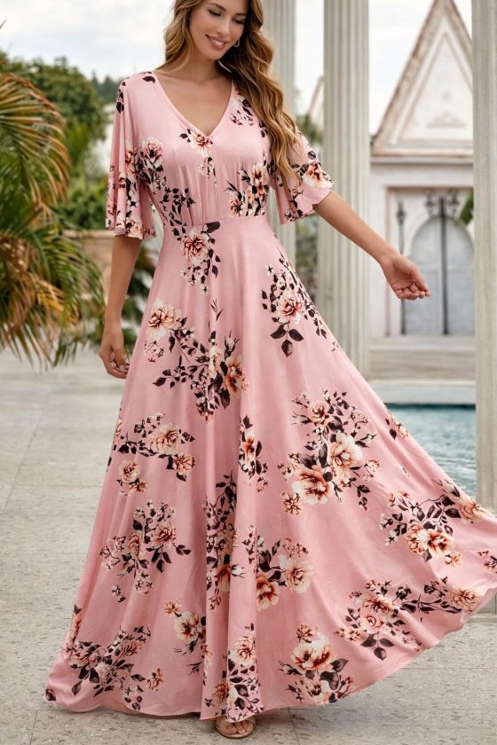 Mamo Pembe Mini V Yaka Desenli Elbise - Mamo kadın butik elbise
