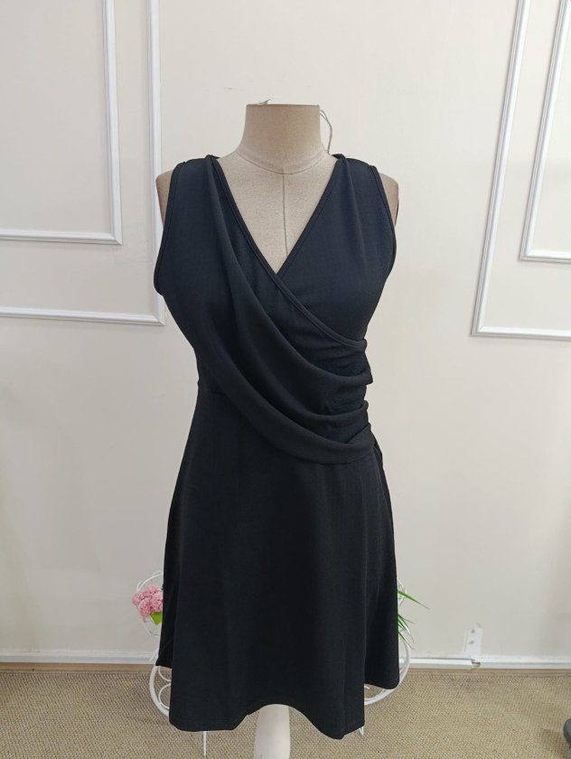 Mamo Siyah Mini Askılı Kruvaze Elbise - Mamo kadın butik elbise