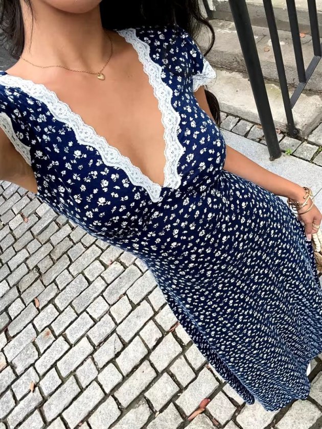 Mamo Lacivert Mini V Yaka Dantel Detaylı Elbise - Mamo kadın butik elbise
