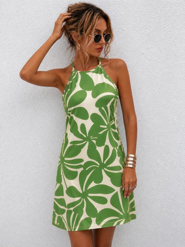 Mamo Yeşil Mini Halter Yaka Sim Detaylı Elbise - Mamo kadın butik elbise