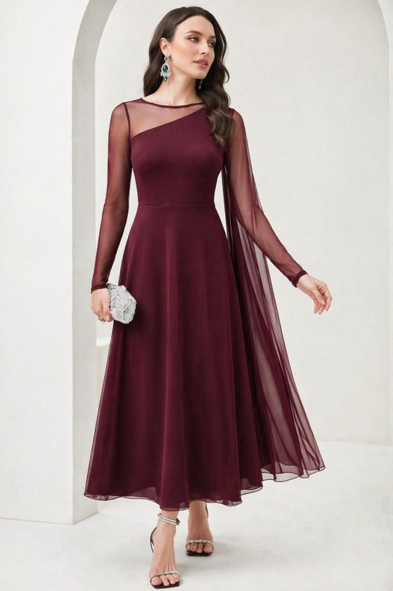 Mamo Bordo Uzun Tül Detaylı Elbise - Mamo kadın butik elbise