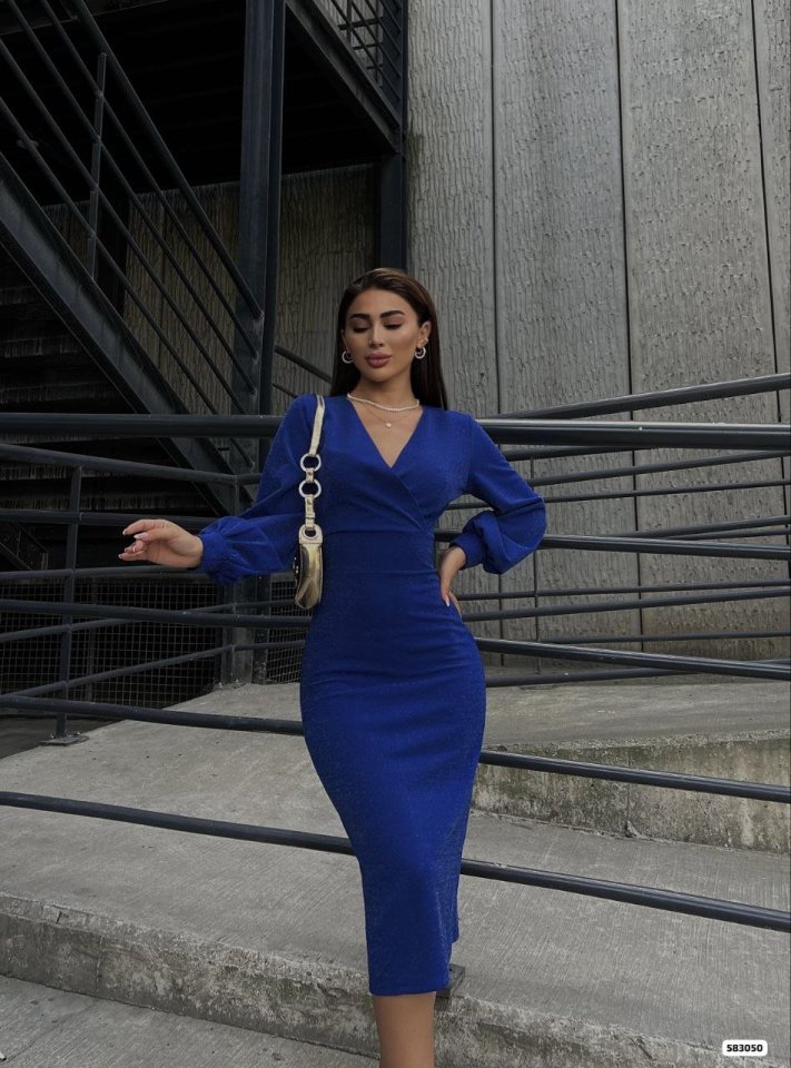 Mamo Saks Midi Kruvaze Sim Detaylı Elbise - Mamo kadın butik elbise