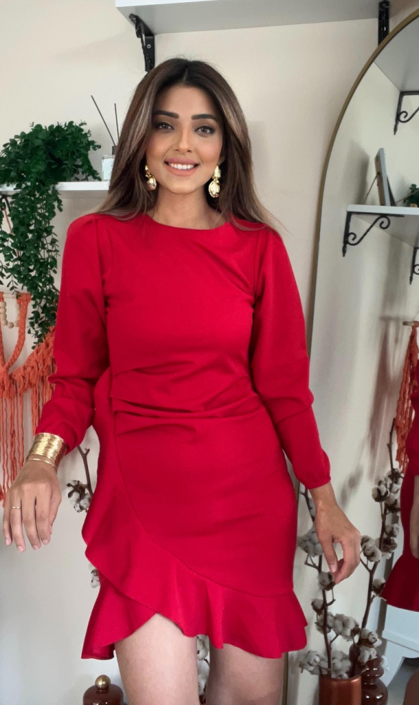 Mamo Kırmızı Uzun Krep Elbise - Mamo kadın butik elbise