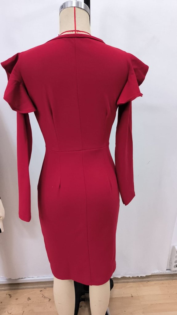 Mamo Kırmızı Midi V Yaka Yırtmaç Detaylı Elbise - Mamo kadın butik elbise