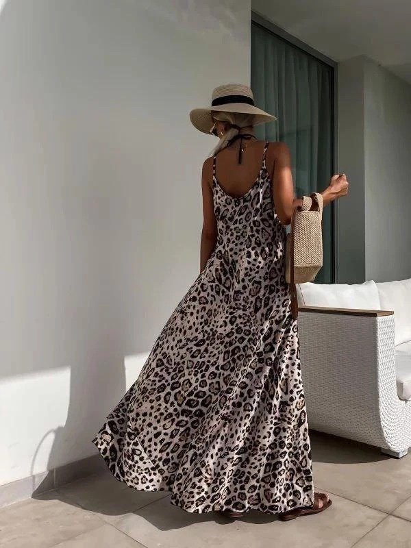 Mamo Leopar Uzun Askılı Sim Detaylı Elbise - Mamo kadın butik elbise