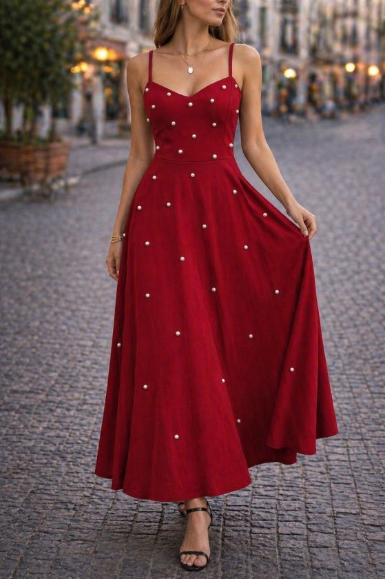 Mamo Kırmızı Uzun Askılı V Yaka Elbise - Mamo kadın butik elbise