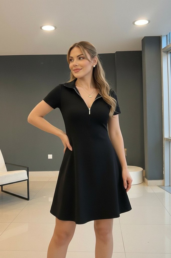 Mamo Siyah Mini Viskon Elbise - Mamo kadın butik elbise