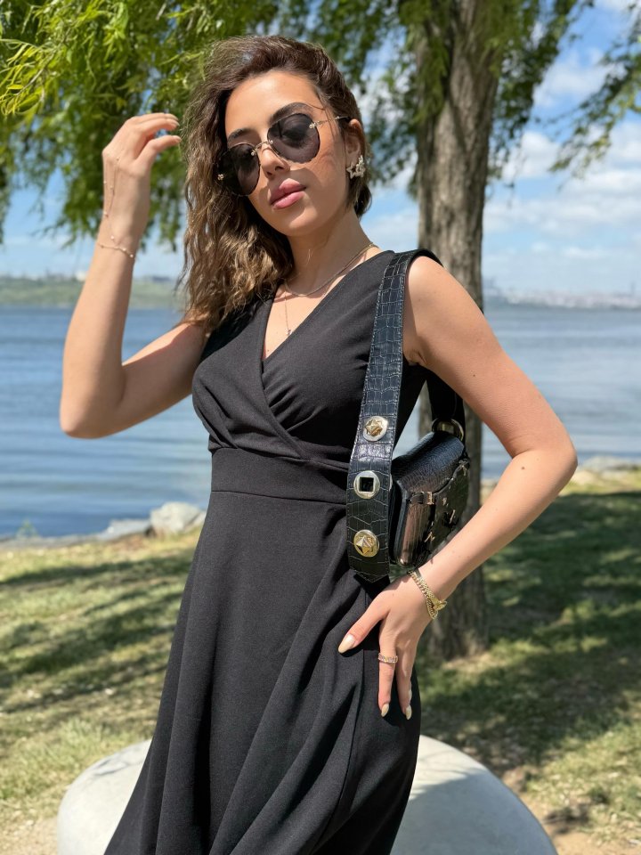 Mamo Siyah Mini Kruvaze Krep Elbise - Mamo kadın butik elbise