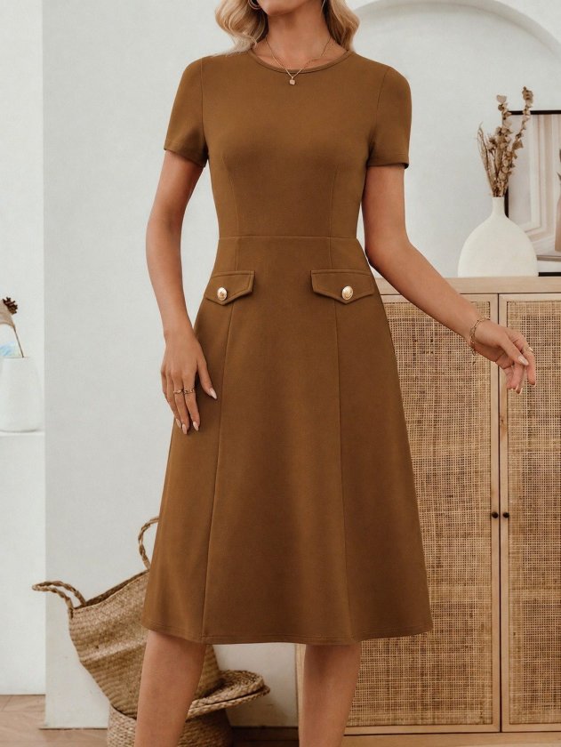 Mamo Kahve Mini Cepli Krep Elbise - Mamo kadın butik elbise