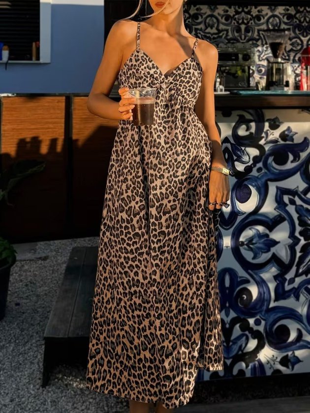 Mamo Leopar Uzun Askılı V Yaka Elbise - Mamo kadın butik elbise