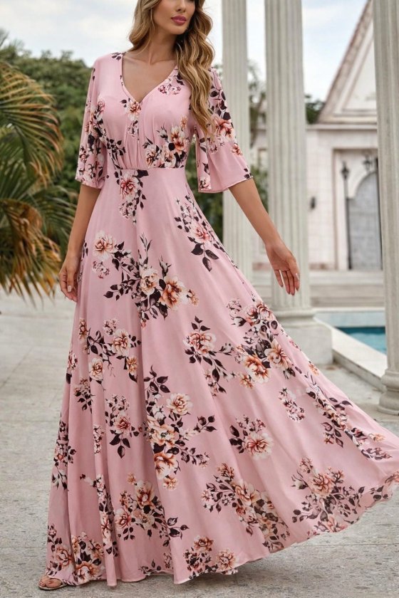 Mamo Pembe Mini V Yaka Desenli Elbise - Mamo kadın butik elbise