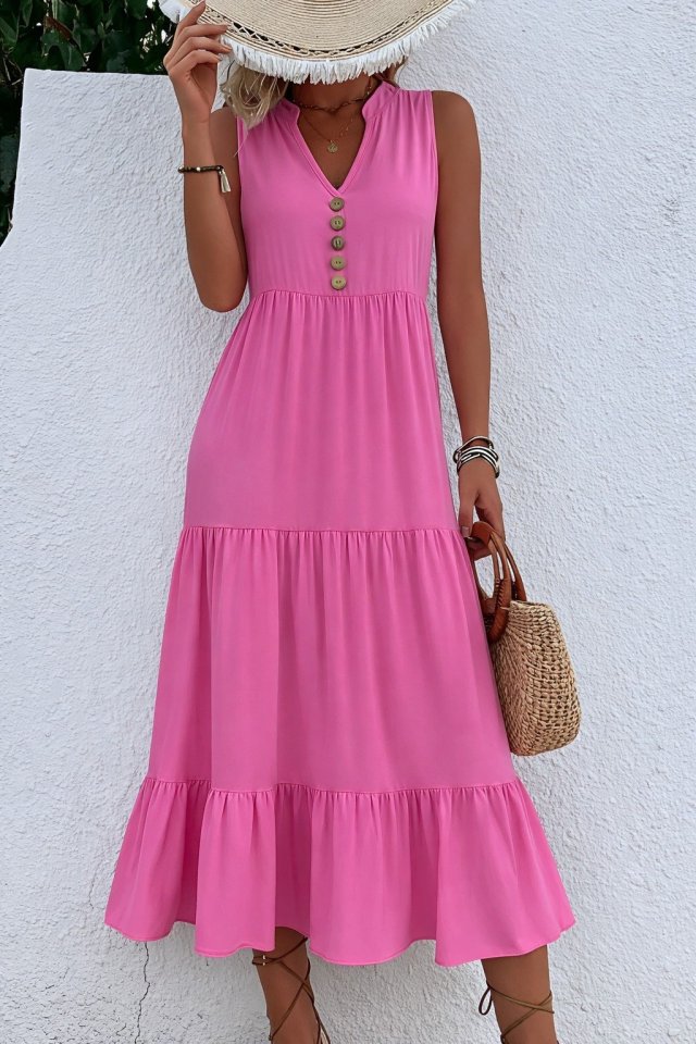 Mamo Pembe Midi Askılı V Yaka Elbise - Mamo kadın butik elbise