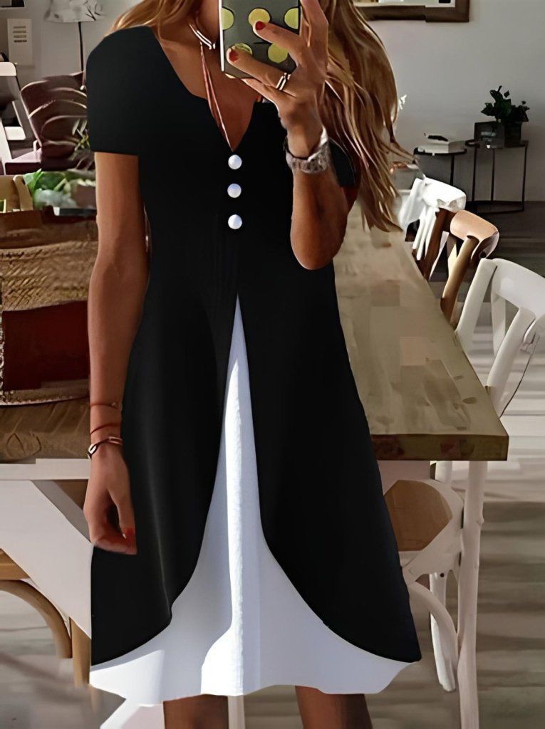 Mamo Siyah Mini V Yaka Viskon Elbise - Mamo kadın butik elbise