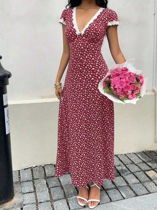 Mamo Kırmızı Mini V Yaka Dantel Detaylı Elbise - Mamo kadın butik elbise