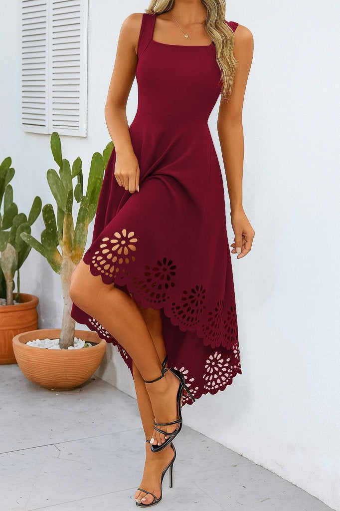 Mamo Kırmızı Askılı Sim Detaylı Desenli Elbise - Mamo kadın butik elbise