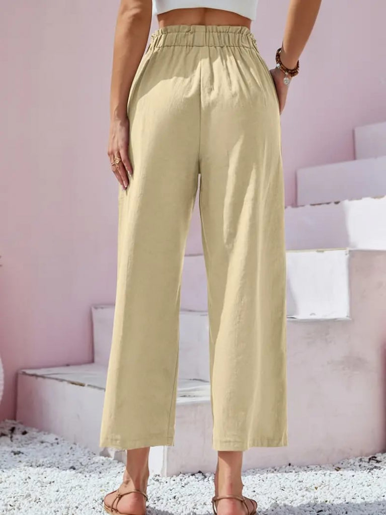 Mamo Bej Keten Rahat Kesim Pantolon - Mamo kadın butik alt giyim