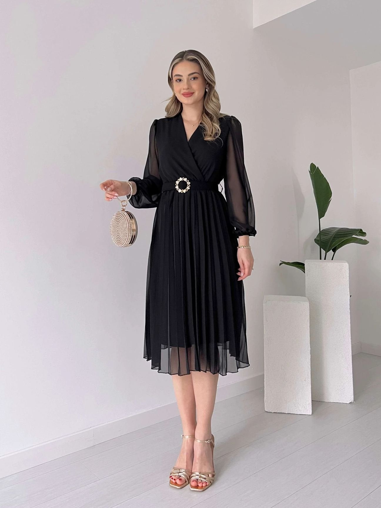Mamo Siyah Midi Kruvaze Sim Detaylı Elbise - Mamo kadın butik elbise