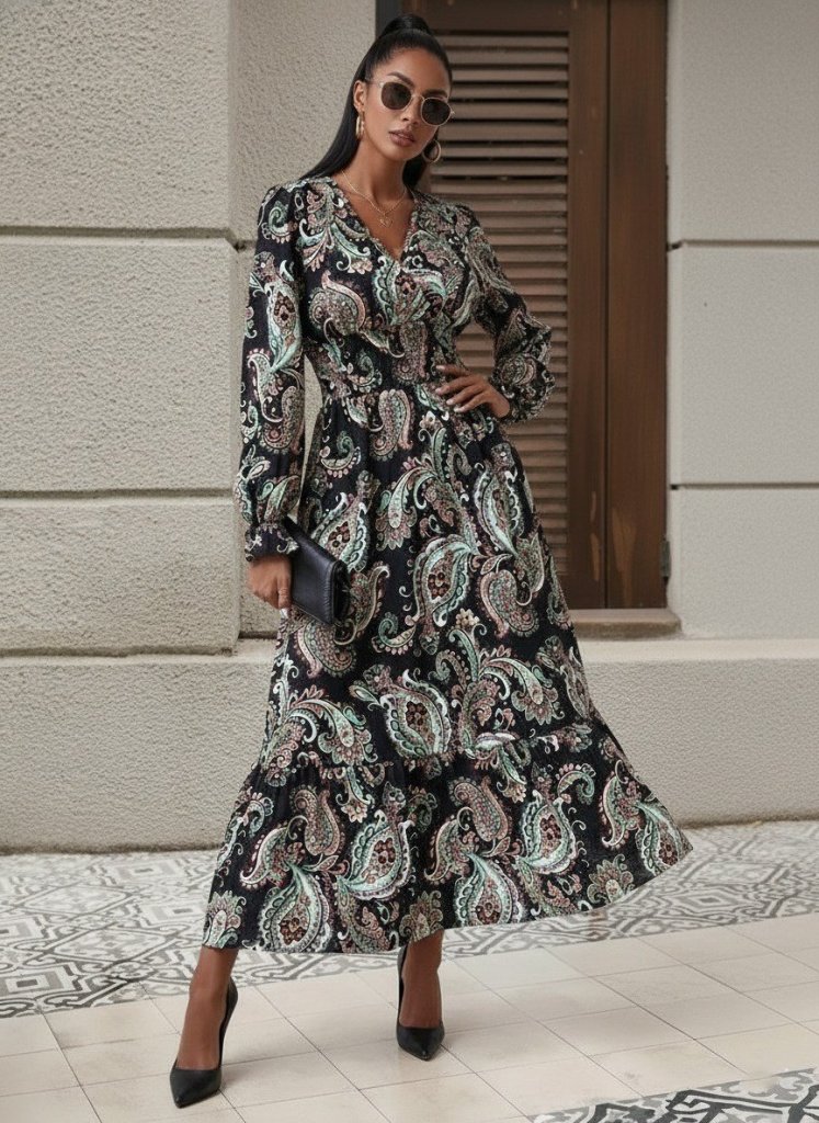Mamo Siyah Uzun Kruvaze Desenli Elbise - Mamo kadın butik elbise