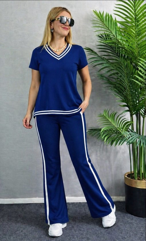 Mamo Saks Mavi V Yaka Viskon Takım - Mamo kadın butik takım