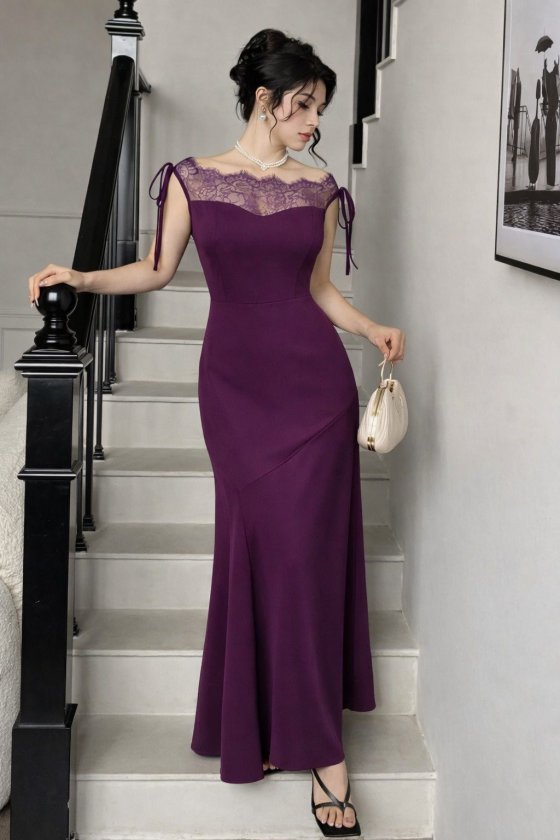 Mamo Mürdüm Uzun Dantel Detaylı Krep Elbise - Mamo kadın butik elbise