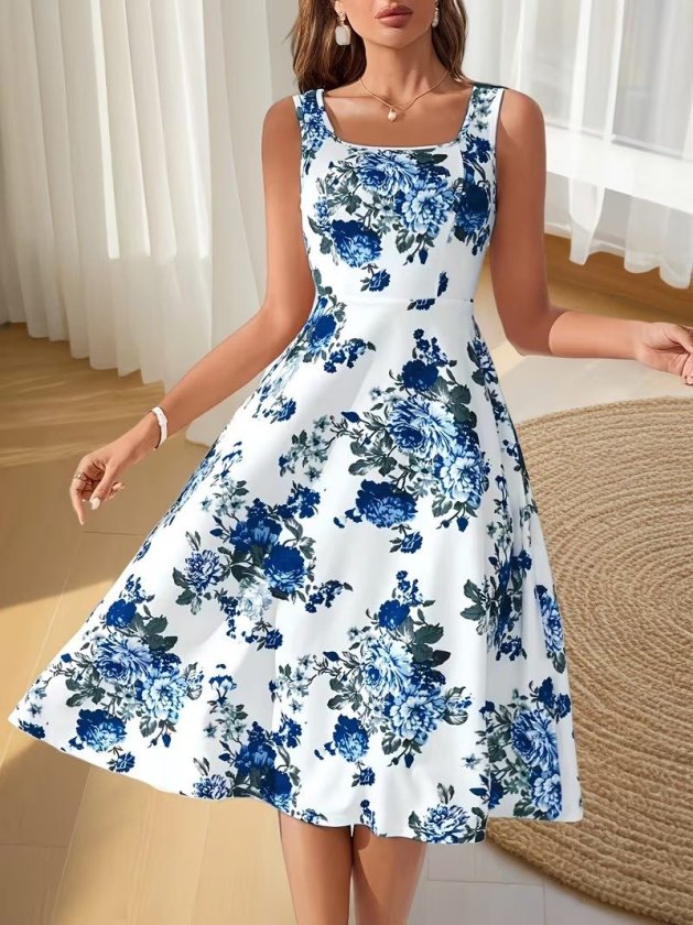 Mamo Mavi Midi Askılı Desenli Elbise - Mamo kadın butik elbise
