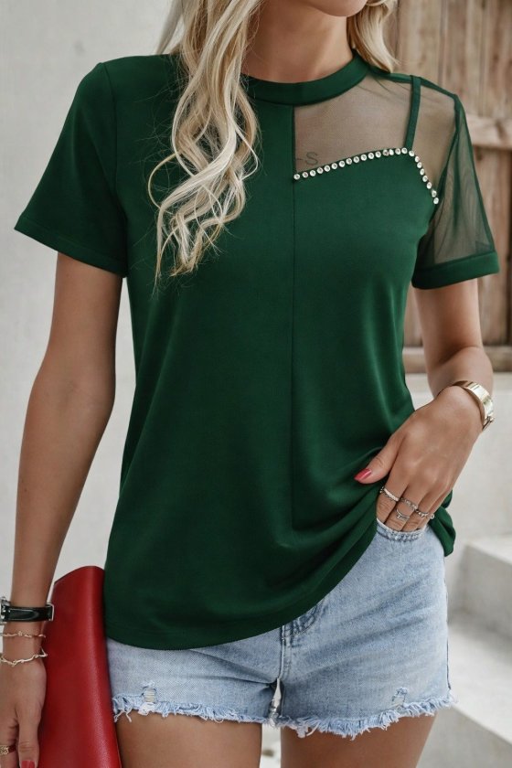 Mamo Yeşil Tül Detaylı Krep Bluz - Mamo kadın butik bluz