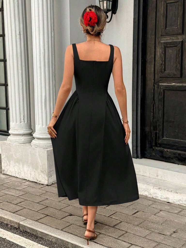 Mamo Siyah Uzun Askılı Kare Yaka Elbise - Mamo kadın butik elbise