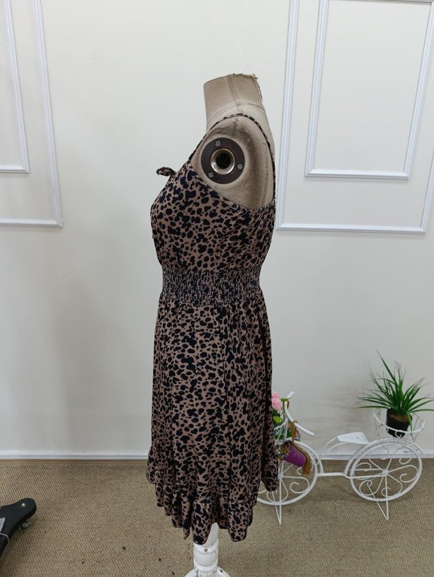 Mamo Leopar Mini Askılı Desenli Elbise - Mamo kadın butik elbise