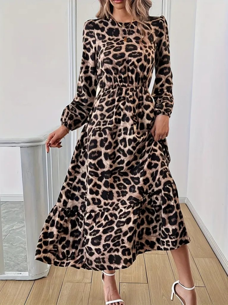 Mamo Leopar Midi Desenli Elbise - Mamo kadın butik elbise