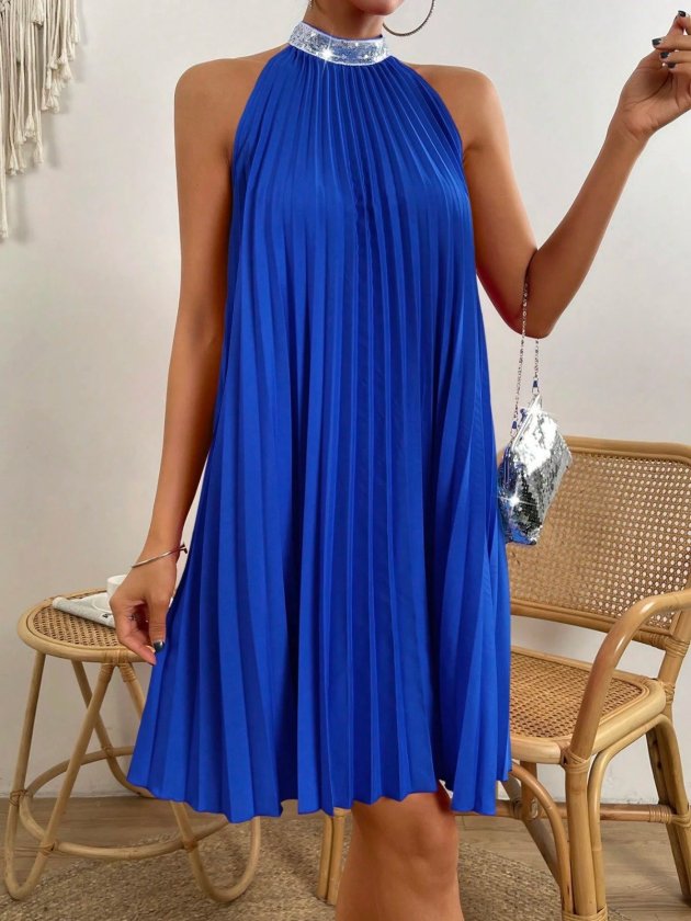 Mamo Saks Mavi Mini Krep Elbise - Mamo kadın butik elbise