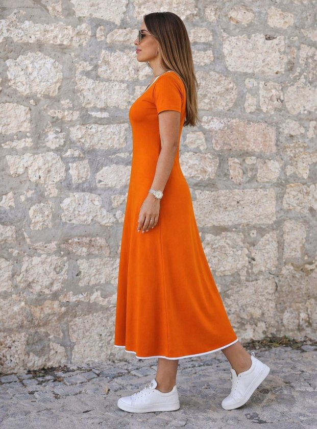 Mamo Turuncu Mini Viskon Elbise - Mamo kadın butik elbise
