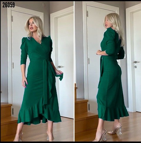 Mamo Yeşil Midi Krep Elbise - Mamo kadın butik elbise