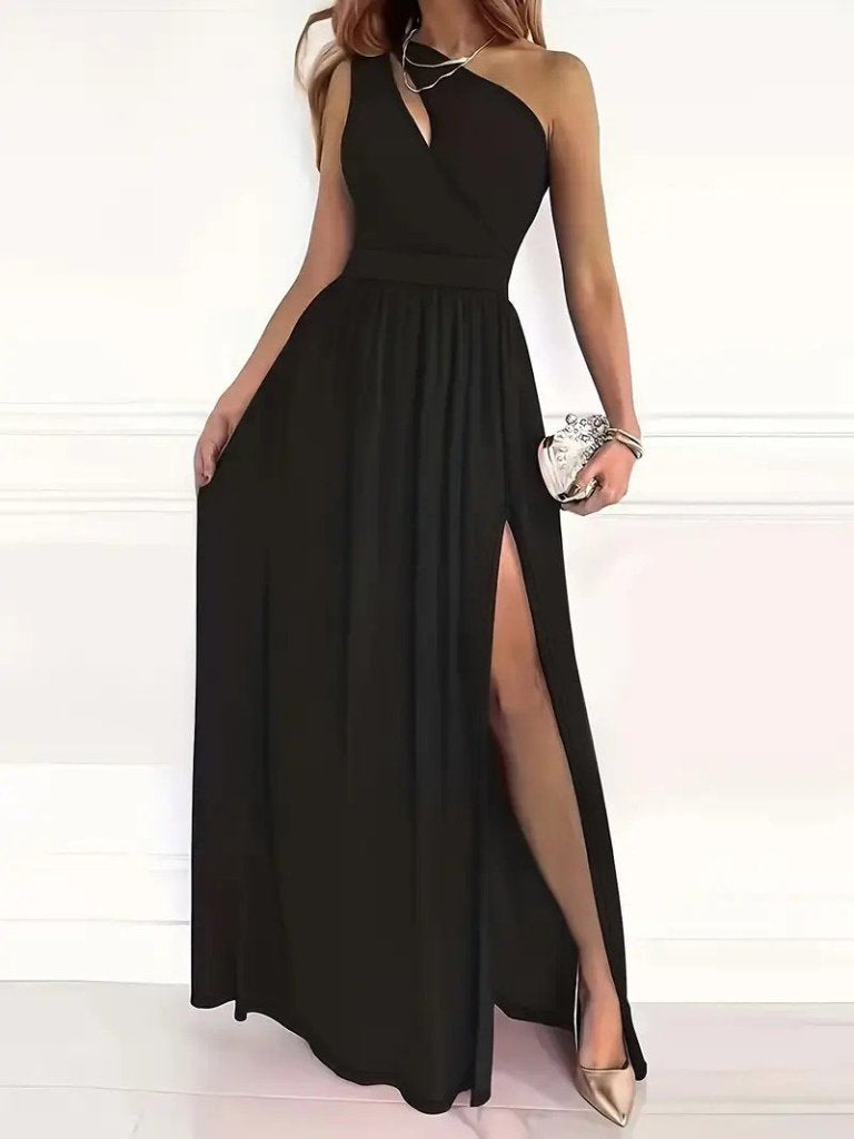 Mamo Siyah Uzun Yırtmaç Detaylı Sim Detaylı Elbise - Mamo kadın butik elbise