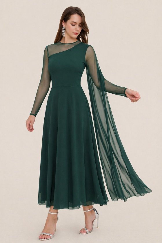 Mamo Yeşil Uzun Tül Detaylı Elbise - Mamo kadın butik elbise