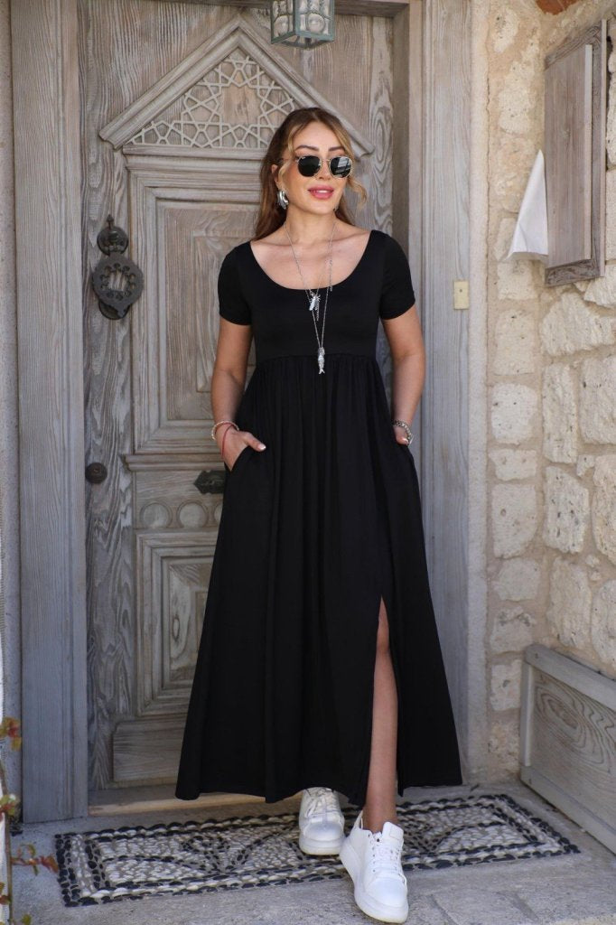 Mamo Siyah Mini Yırtmaç Detaylı Cepli Elbise - Mamo kadın butik elbise