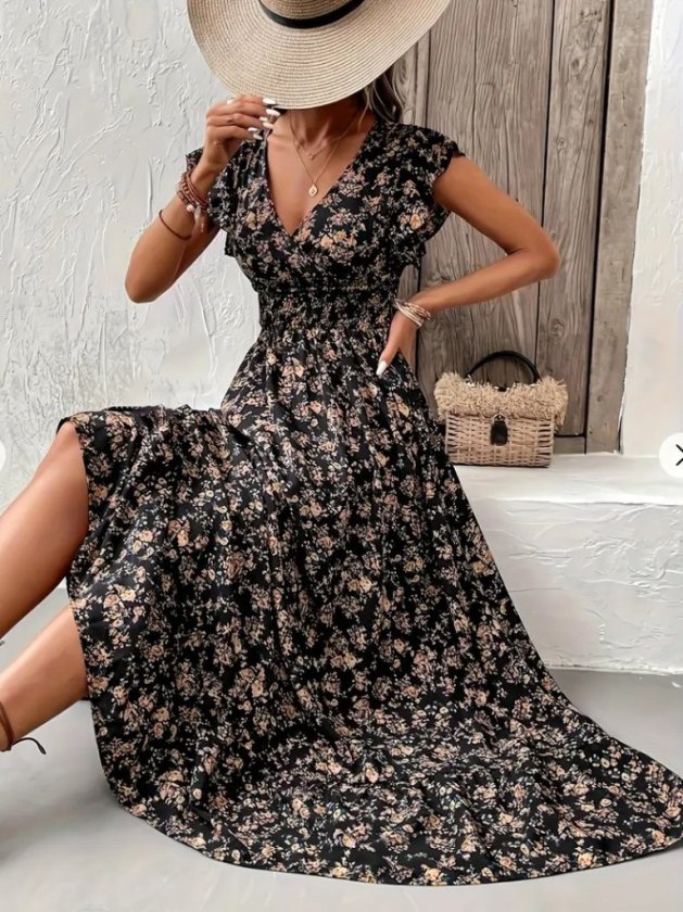 Mamo Siyah Mini Kruvaze Desenli Elbise - Mamo kadın butik elbise