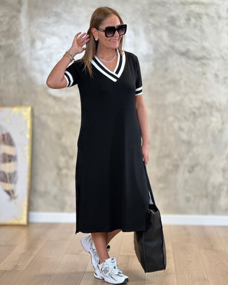 Mamo Siyah Mini V Yaka Viskon Elbise - Mamo kadın butik elbise